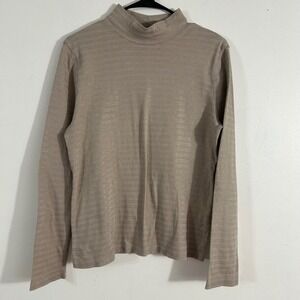 Studio Works Mock Neck Top Women PM Tan Gold Striped Metallic Cotton PM